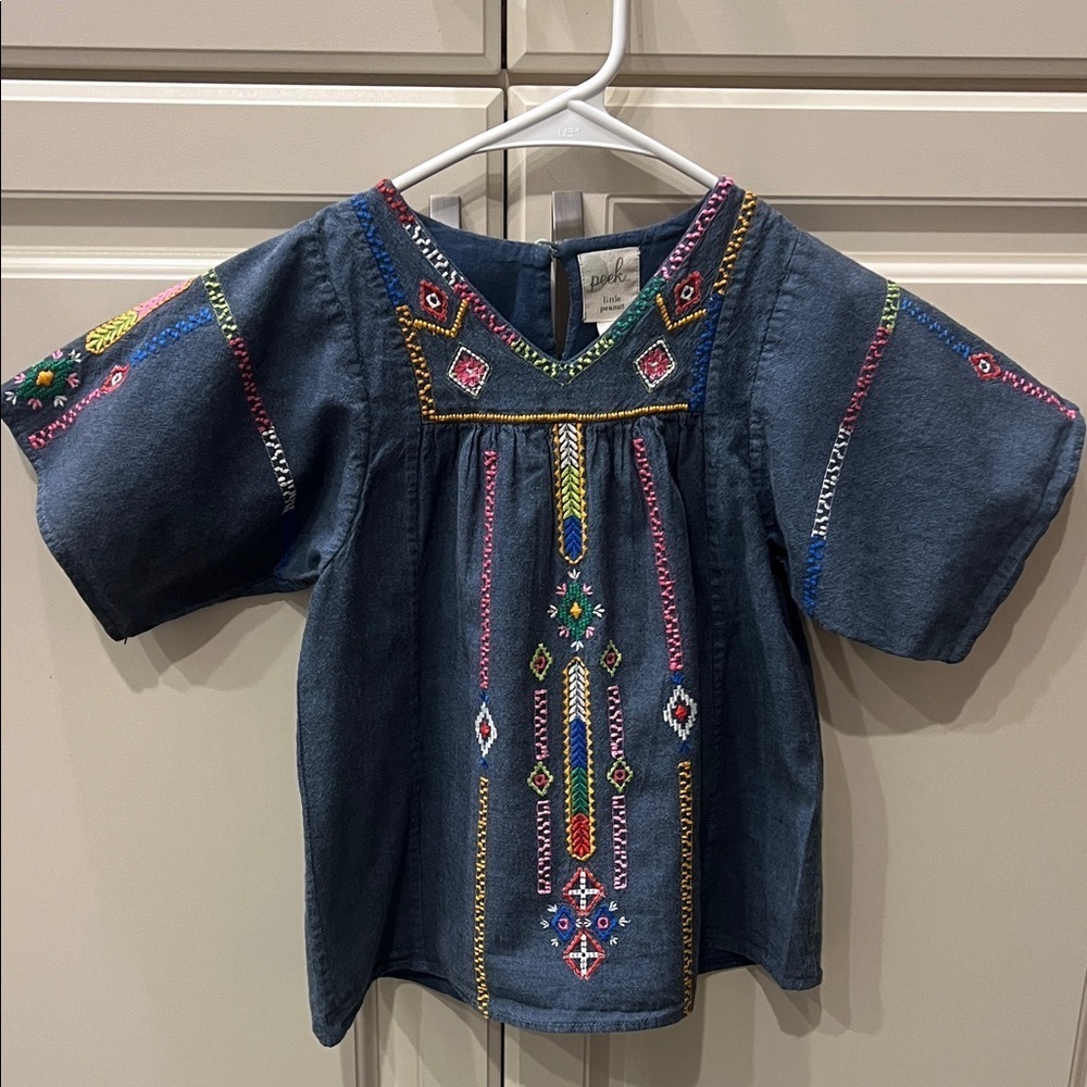 Peek Dark Blue Girls DenimBlouse with the Colorful Embroidery Boho 18 to 24 Mon